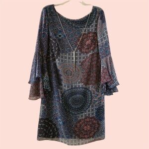 Vintage Chiasso Abstract Printed Shift Dress With Necklace & Bell Sleeves